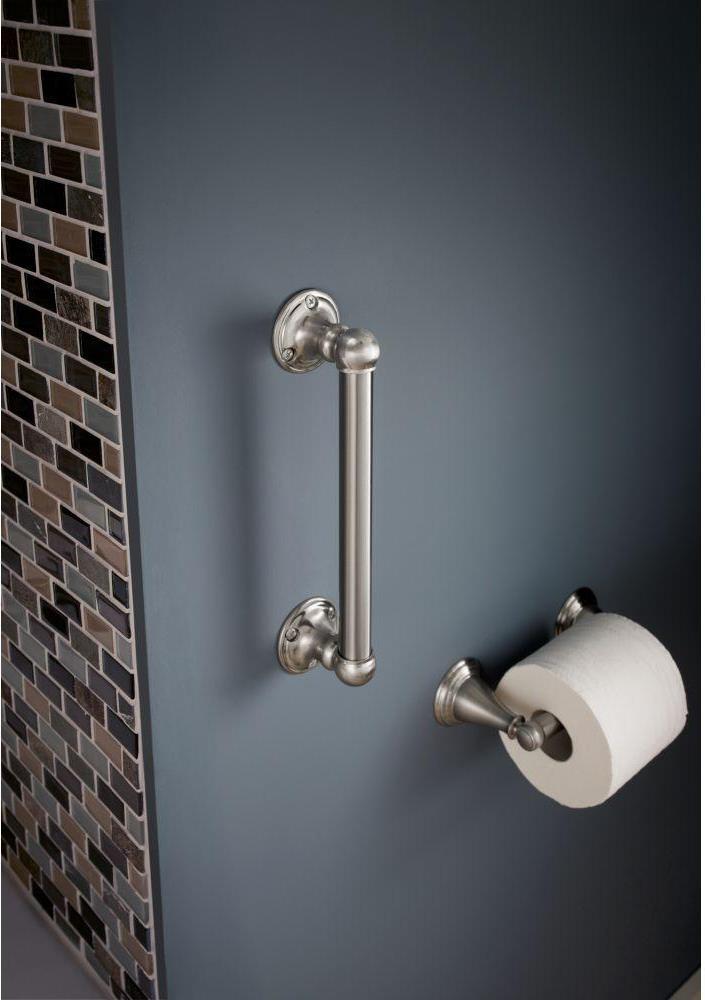 This elegant stainless steel grab bar has a satin-nickel finish, which nicely complements the toilet tissue holder This elegant stainless steel grab bar has a satin-nickel finish, which nicely complements the toilet tissue holder