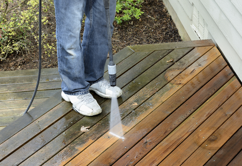Renew deck surfaces with a pressure washer fitted with a fan-spray tip.