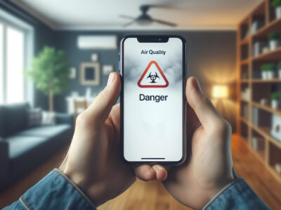A person checking indoor air quality in her home using using a smartphone. Concept poor indoor air quality