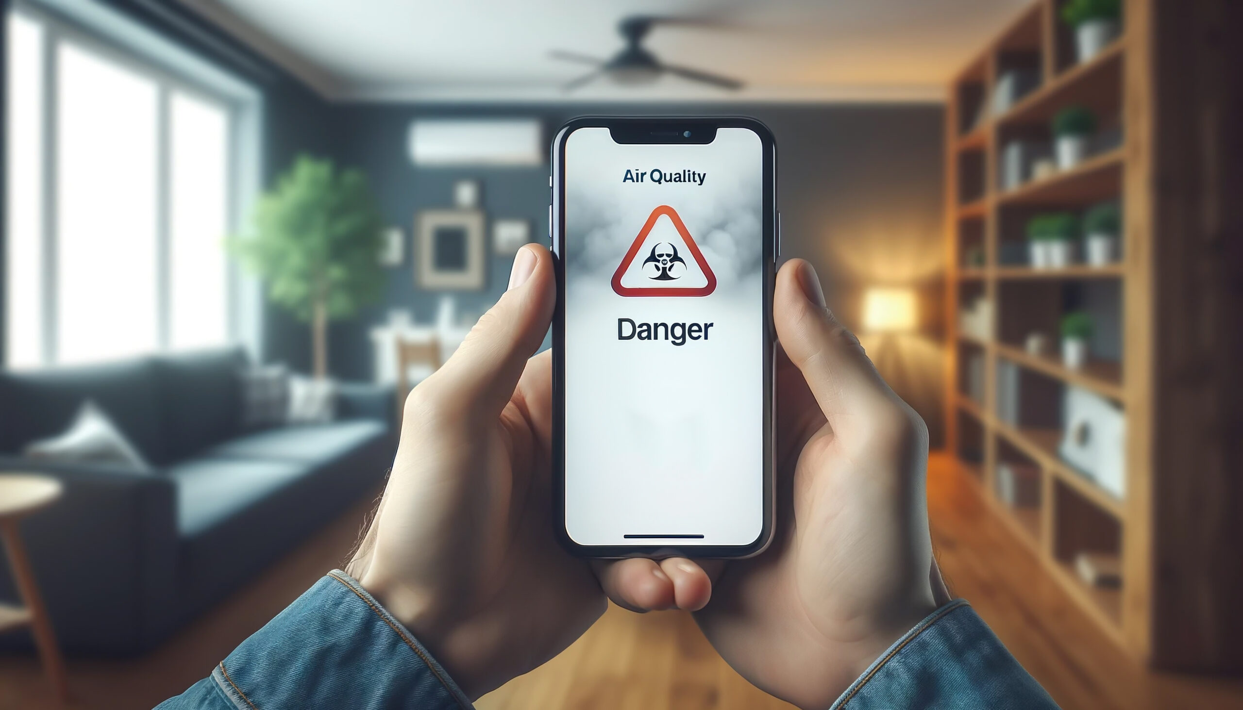 A person checking indoor air quality in her home using using a smartphone. Concept poor indoor air quality