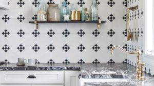 kitchen tile backsplash, black and white tile pattern
