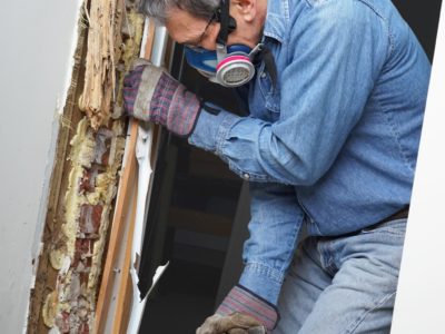 Termite damage in a wood door frame