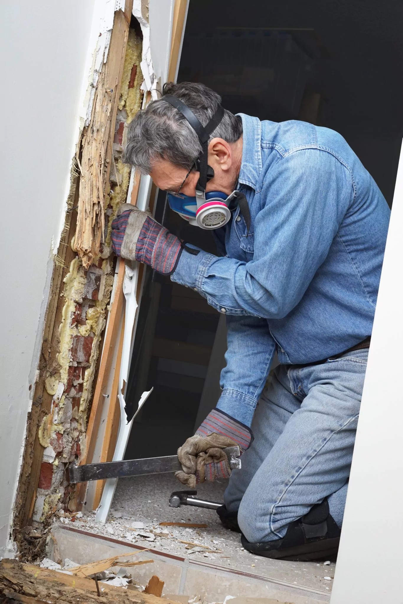 Termite damage in a wood door frame