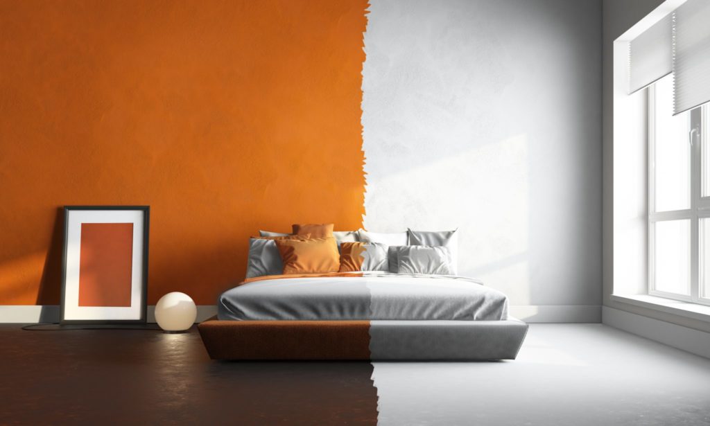 3D interior render of orange-white bedroom