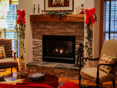 Fireplace decorated for the holidays