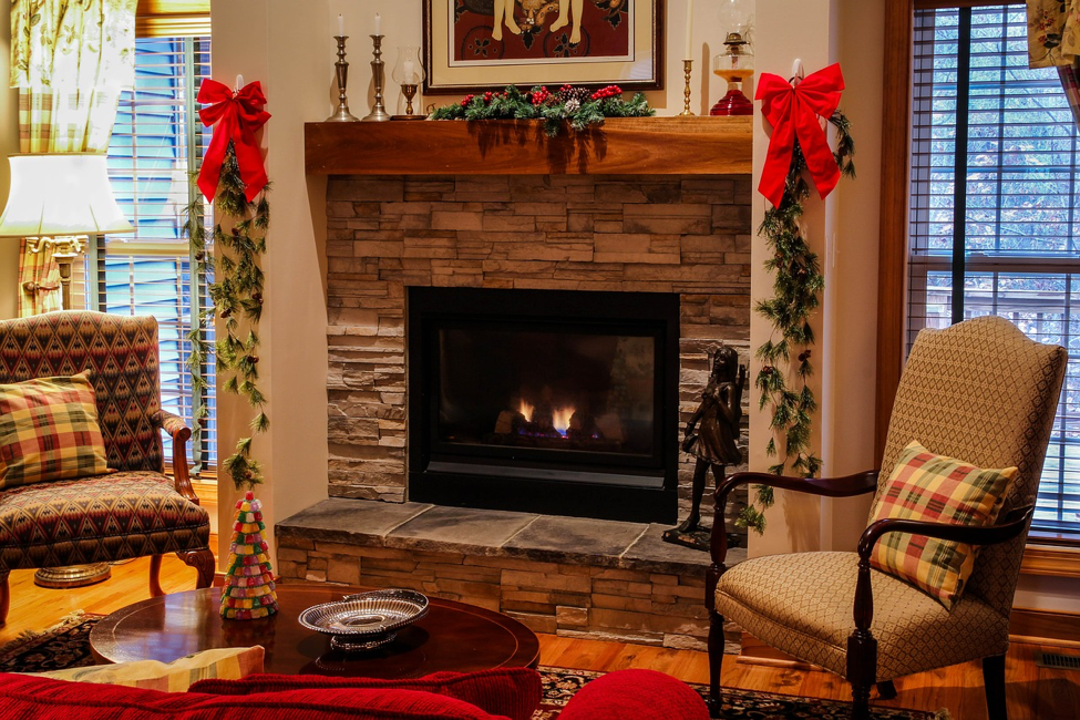 Fireplace decorated for the holidays