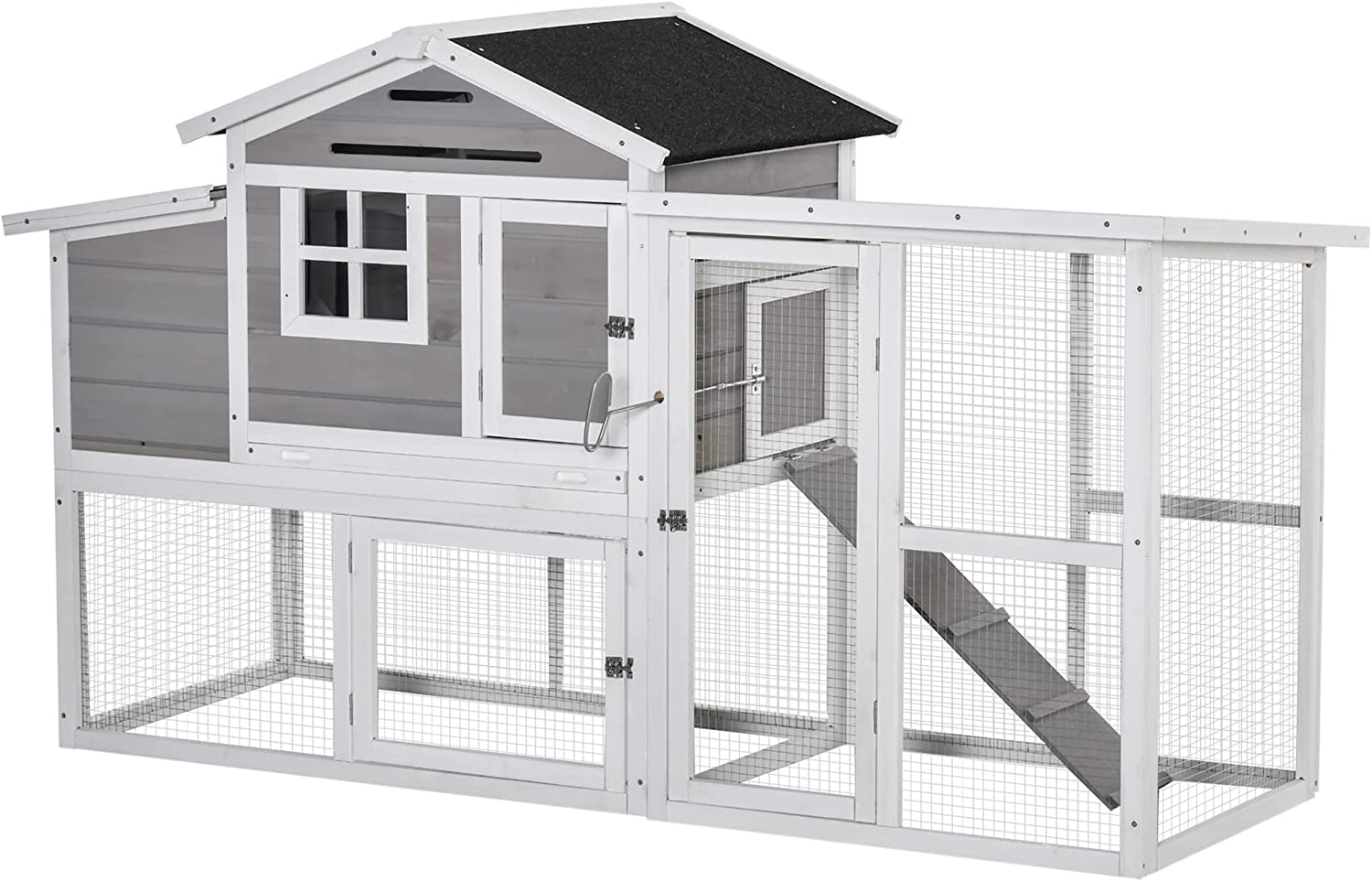 PawHut 76" Wooden Chicken Coop, Outdoor Chicken House Poultry Hen Cage with Outdoor Run, Nesting Box, Removable Tray and Lockable Doors, Grey