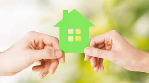 two hands holding small green home puzzle