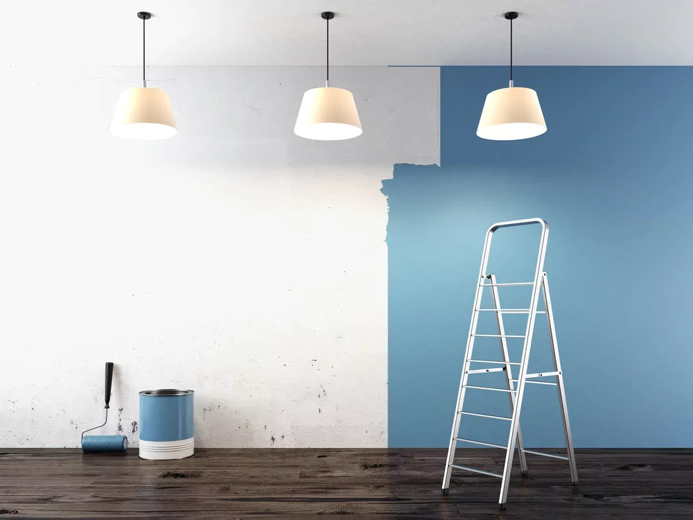 Blue painted walls with ladder 