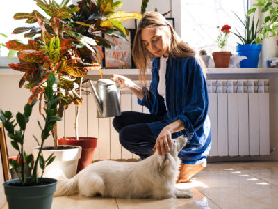 Young woman waters houseplants next to her dog