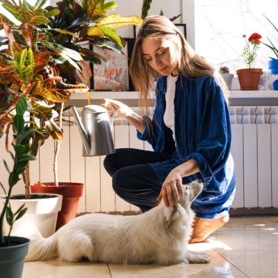 Young woman waters houseplants next to her dog