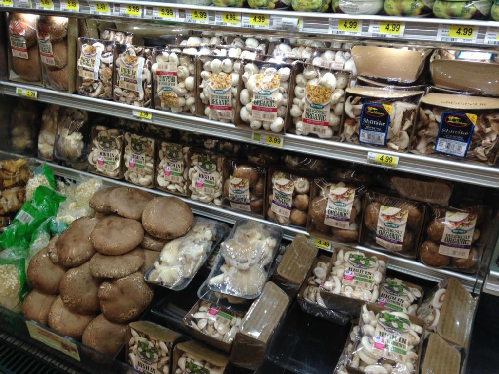 Mushrooms displayed on shelf of a market