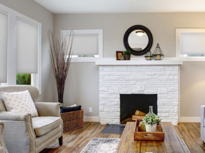 Living room with a brick fireplace