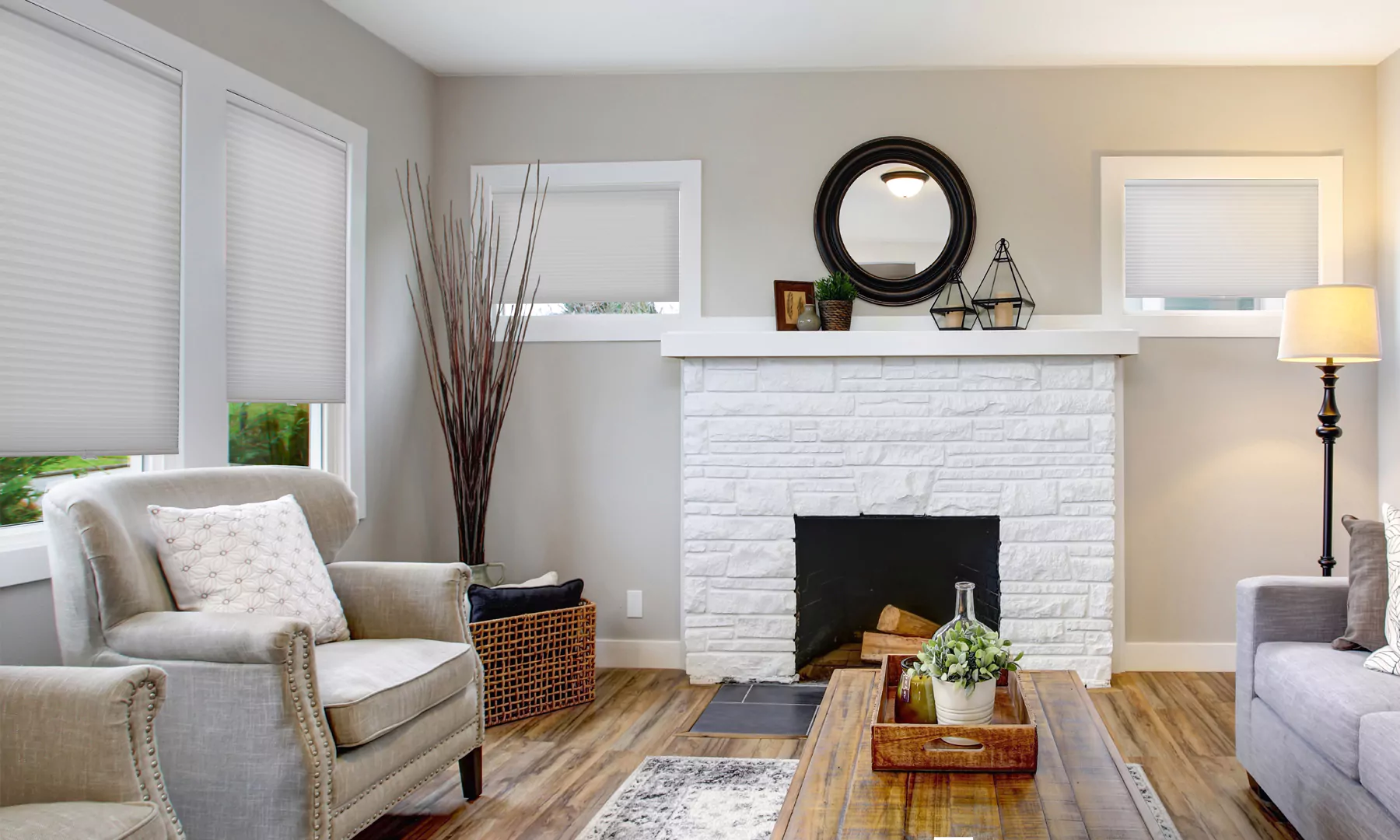 Living room with a brick fireplace