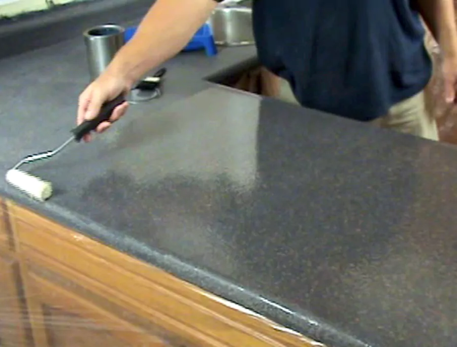 Applying the SpreadStone sealer to the finished countertop