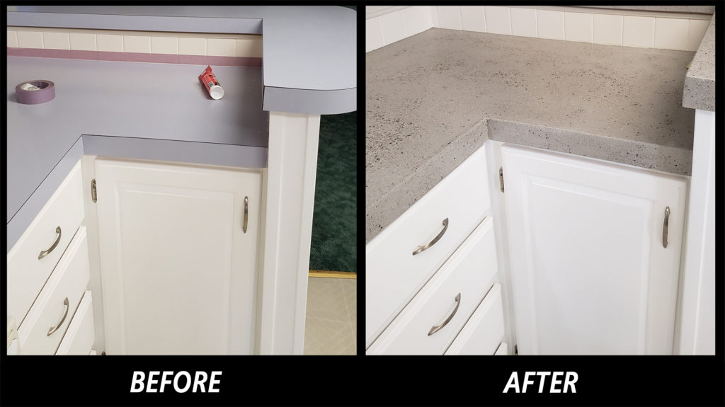 Before and afterview of the SpreadStone finish on a laminate kitchen countertop