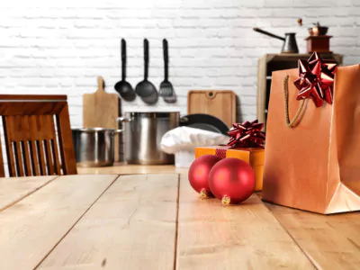 Holiday gifts on a kitchen counter