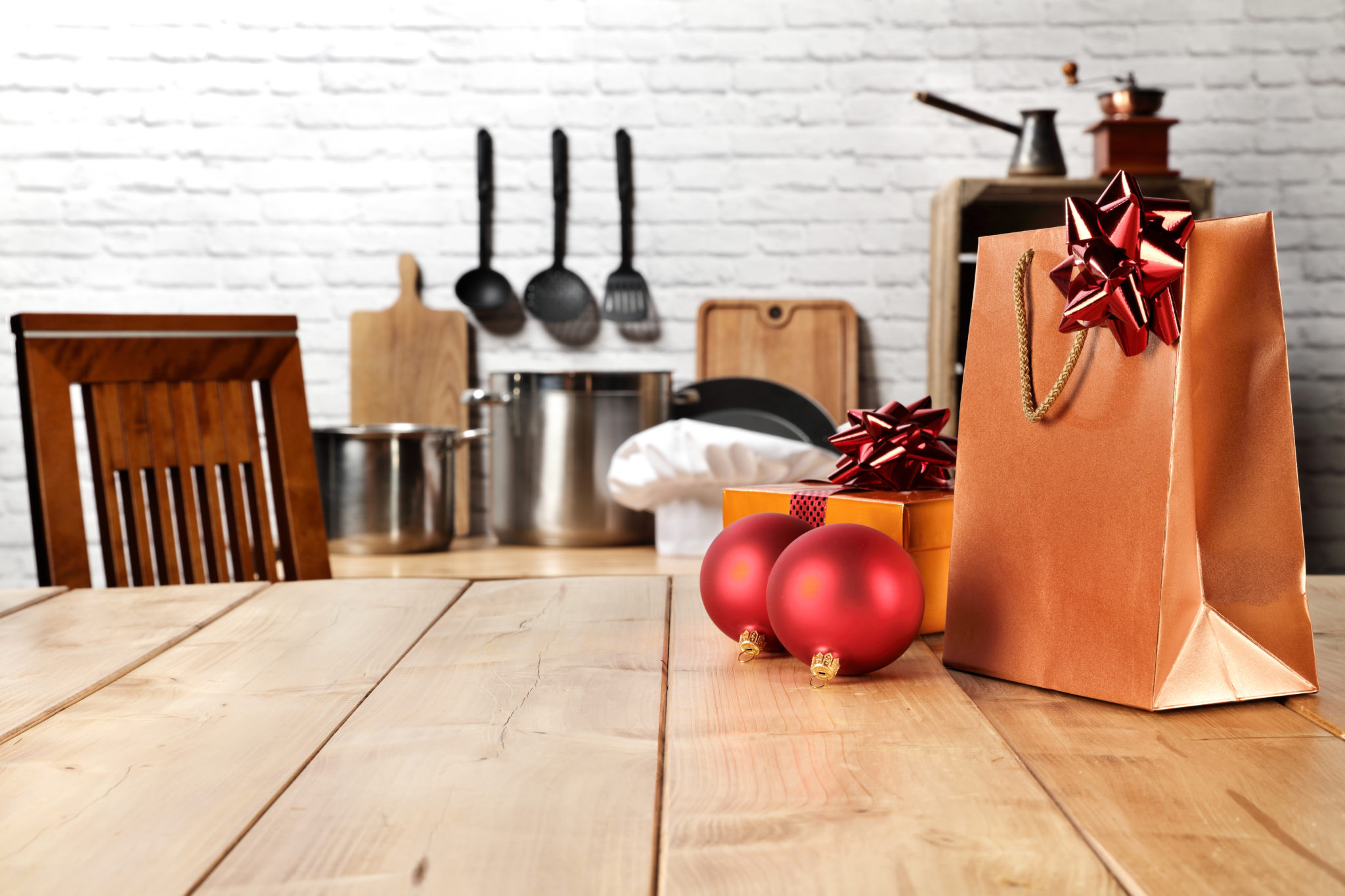 Holiday gifts on a kitchen counter