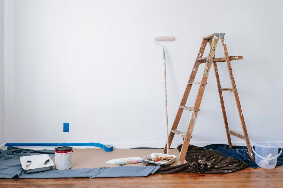 Ladder set up for painting project for first-time homeowner.