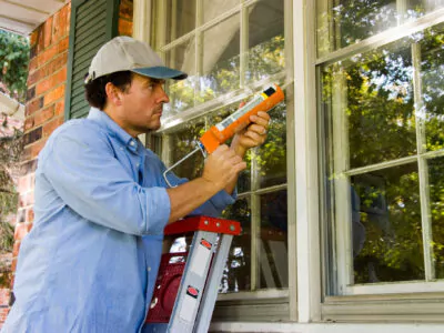 Man on ladder caulking outside window