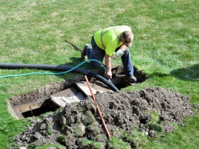 A workman pumping out a backyard septic tank.