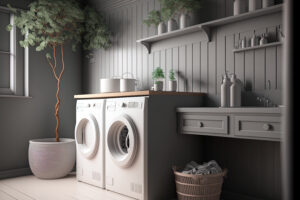 Interior of a gray laundry room with a sink, two washing machines, a potted tree, and some shelving