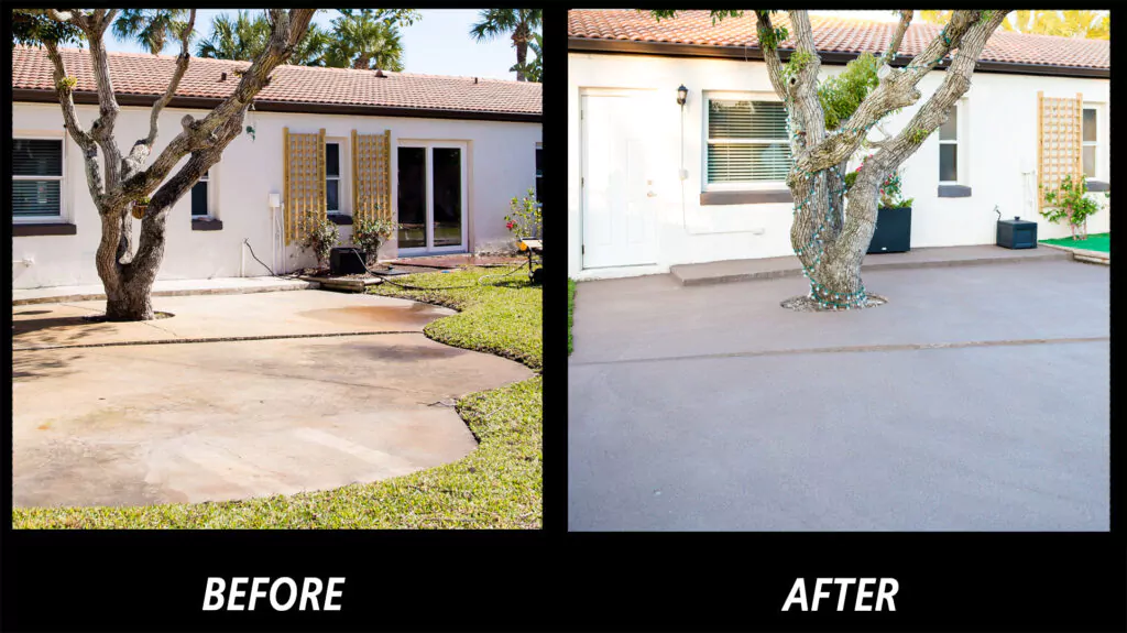Before and after image of a concrete patio