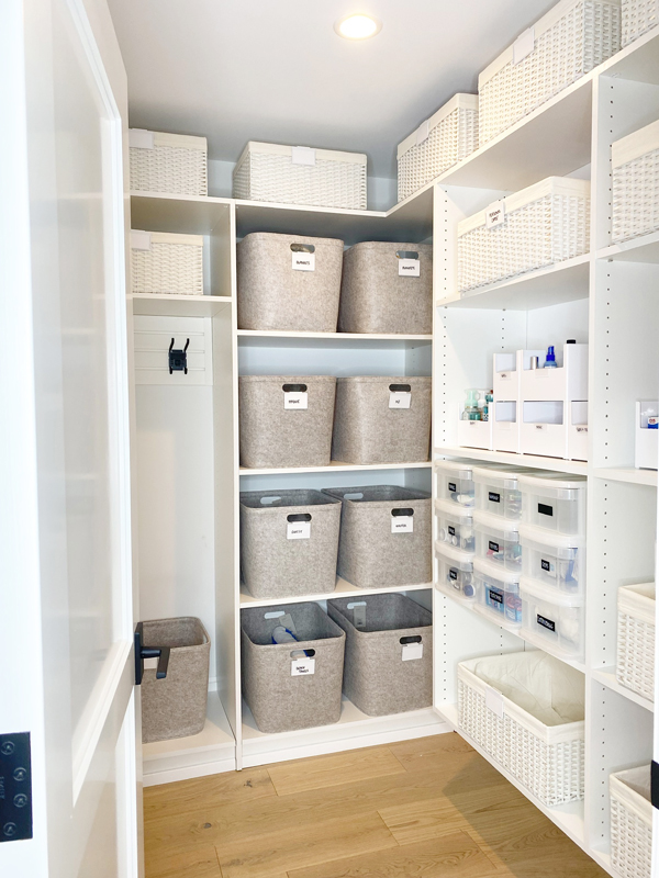 Closet with storage shelves and drawers