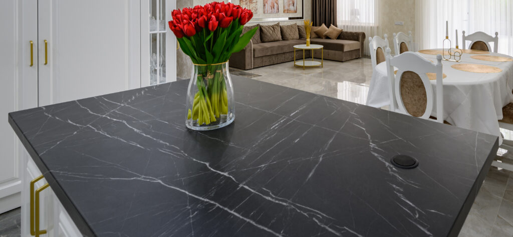 Luxurious black marble countertop on kitchen island created by Daich Marble Dream kit