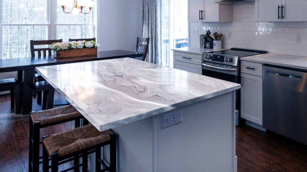 Modern white kitchen interior with an oven, sink, faucet, a wooden cabinet and table created with the Marble Dream kit at Daich Coatings.