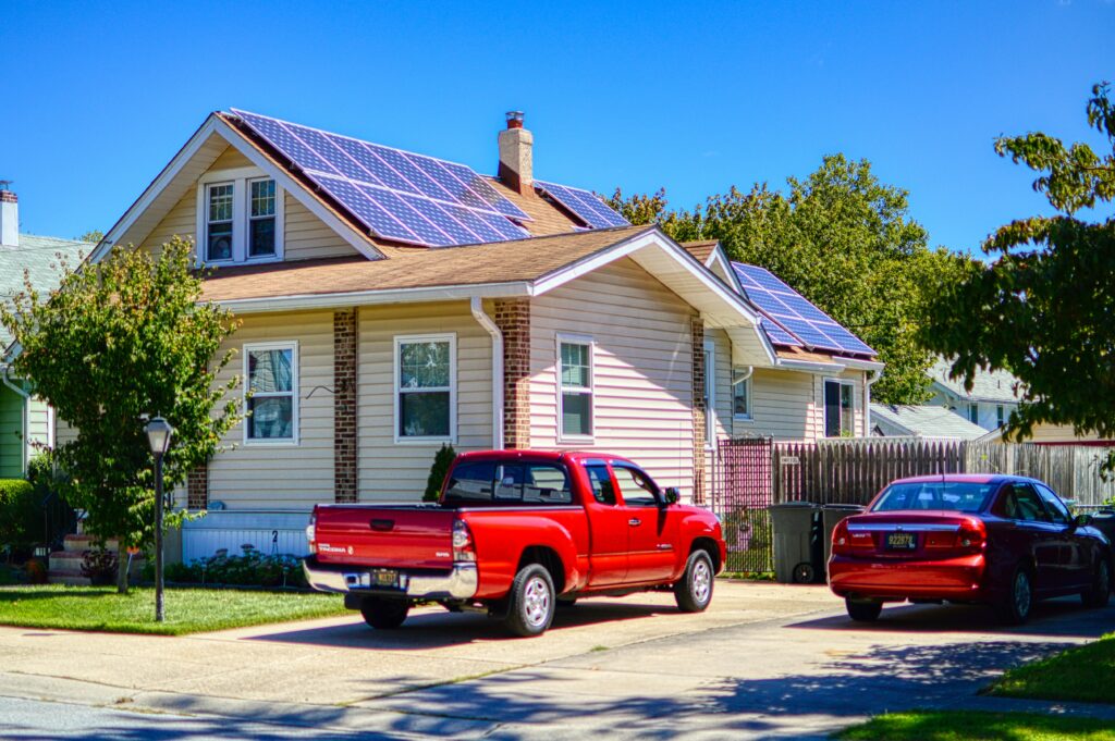 Eco-friendly home with solar panels.