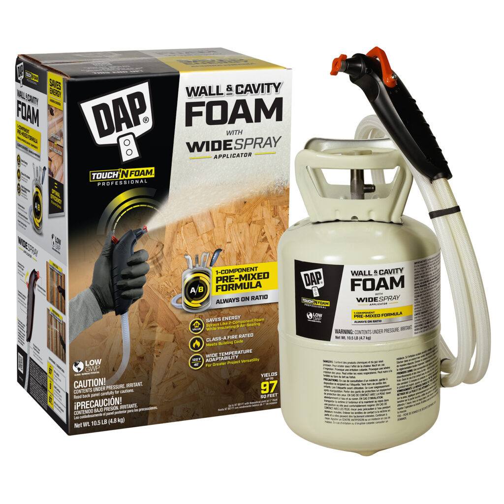 DAP® Touch ‘N Foam Professional® Wall & Cavity Foam with Widespray Applicator kits are portable, self-contained one-component polyurethane foam dispensing kits.