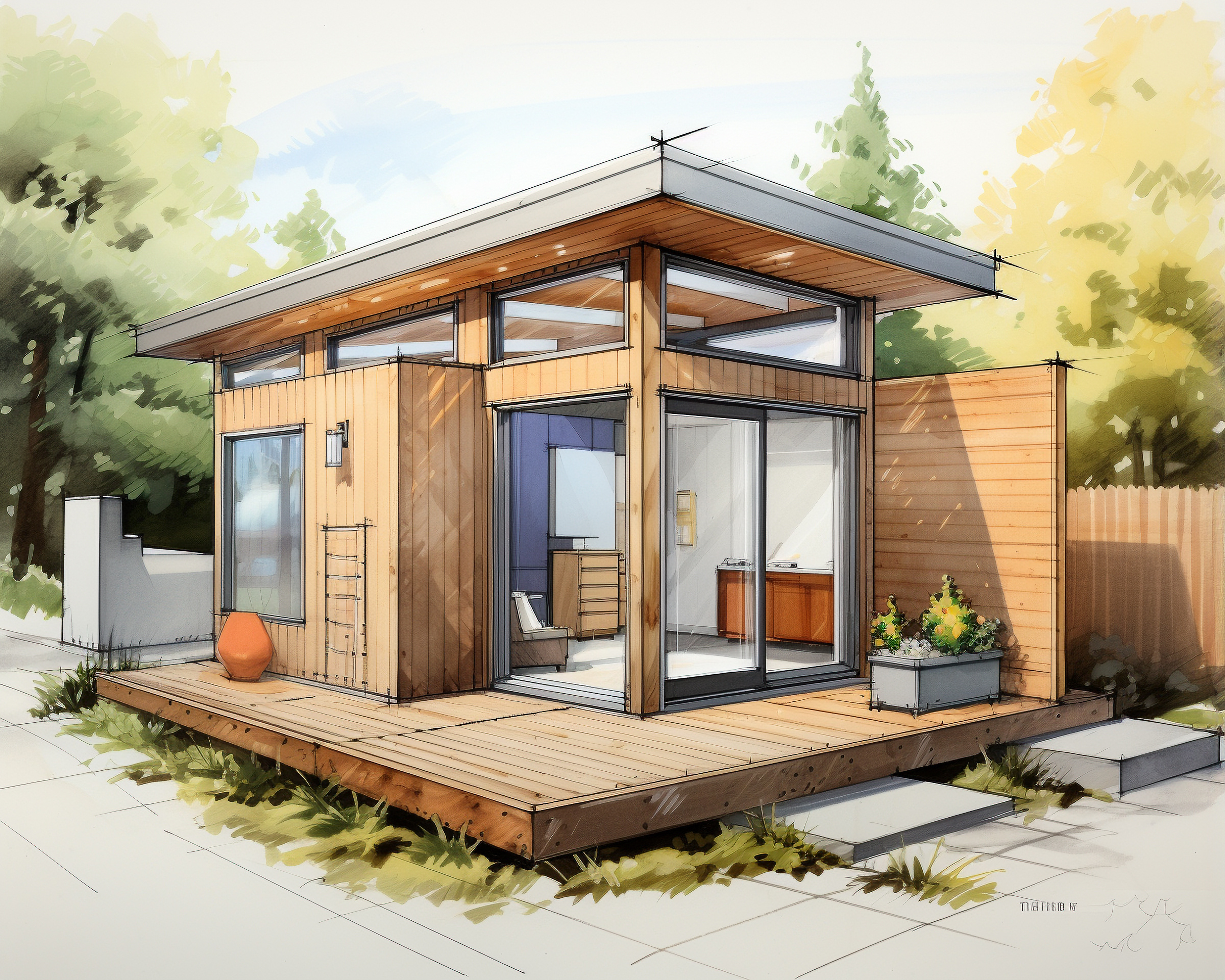 architectural drawing of ADU (accessory dwelling unit, aka inlaw cottage, tiny home, or studio)