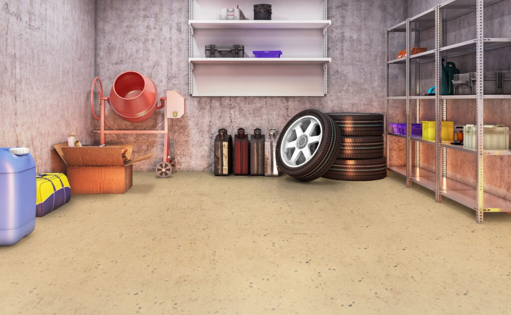 Basement after after the application of epoxy coating to a garage floor.