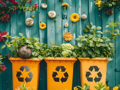 Recycling bins upcycled to become flower a container garden.