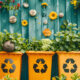 Recycling bins upcycled to become flower a container garden.