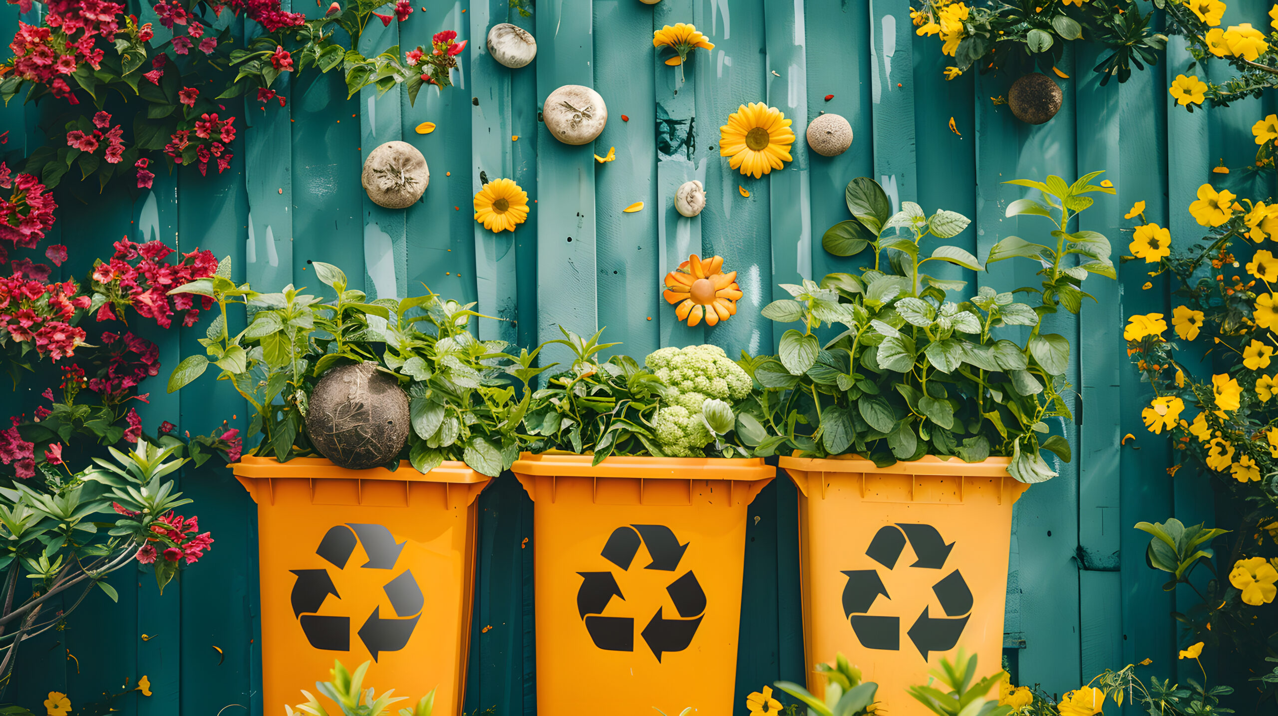 Recycling bins upcycled to become flower a container garden.
