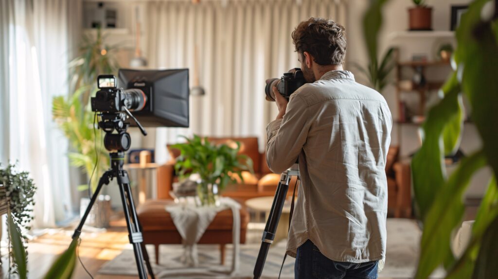 Pro photographer capturing indoor shots for home listings with interior decoration.